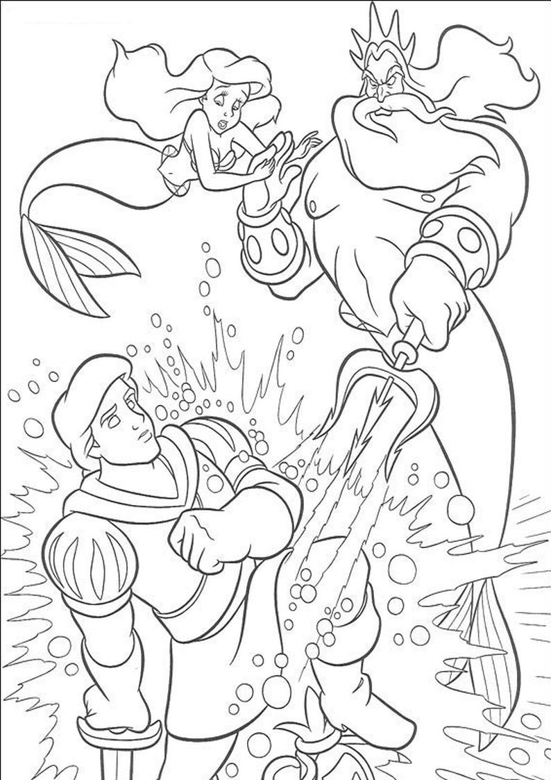 kolorowanka syrenka Ariel, król Tryton i książę, malowanka z bajki Disney Mała Syrenka, obrazek do wydruku i pokolorowania numer 19
